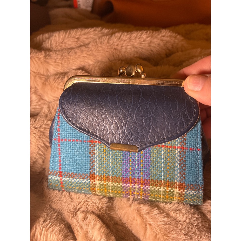 Blue Plaid Wool Kiss Lock Wallet Vintage Style Navy Faux Leather Card Holder